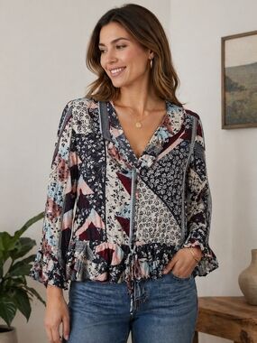 Jessica Simpson Multicolor Patchwork Floral V-Neck Ruffle Blouse Size Medium